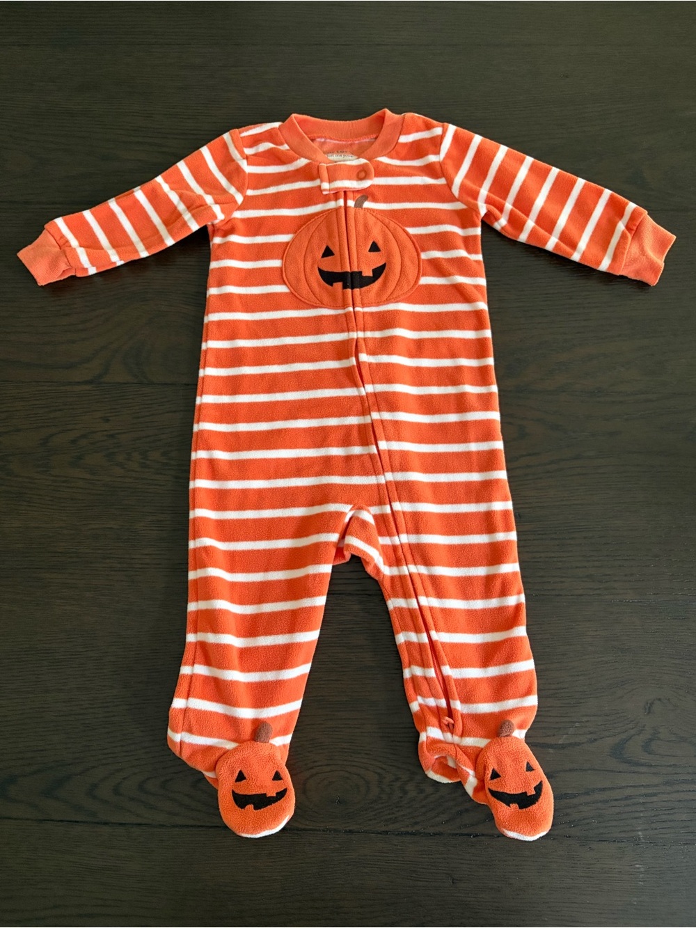 🎃 Carter's Orange and White Striped Pumpkin Fleece Footie 🎃 - Picture 1 of 3